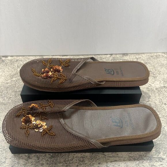 HB Sheer Mesh Beads Floral Sequin Brown Scuffs House Slippers Women Size 9 - Picture 1 of 7
